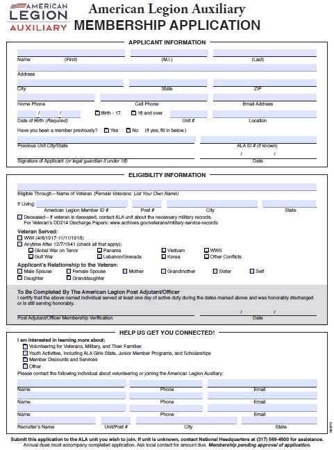 Image of the Legion Auxillary Membership Application